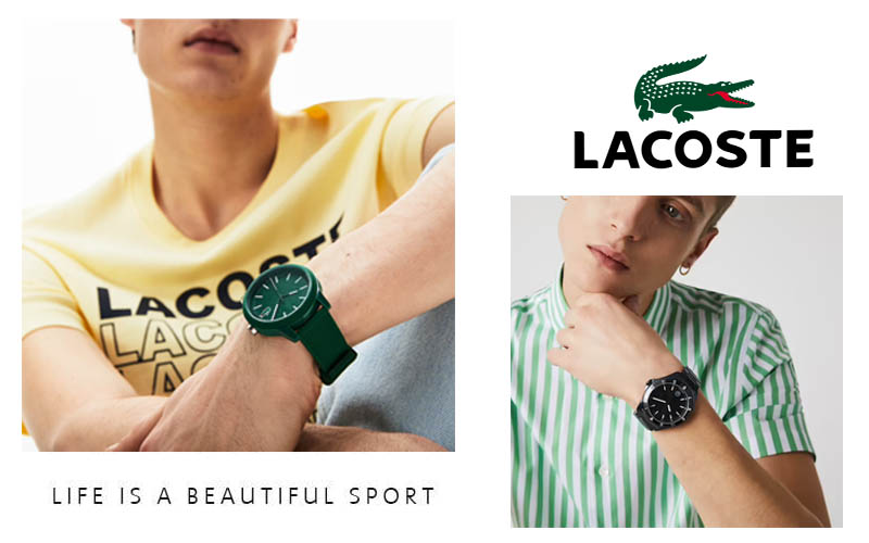 Đồng hồ Lacoste với logo đặc trưng ngay trên mặt đồng hồ